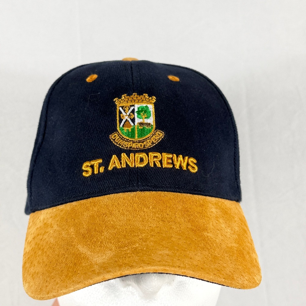 St Andrews Old Course Golf Hat Suede Brim Adjustable OS‎ Navy Blue Gold Harrods